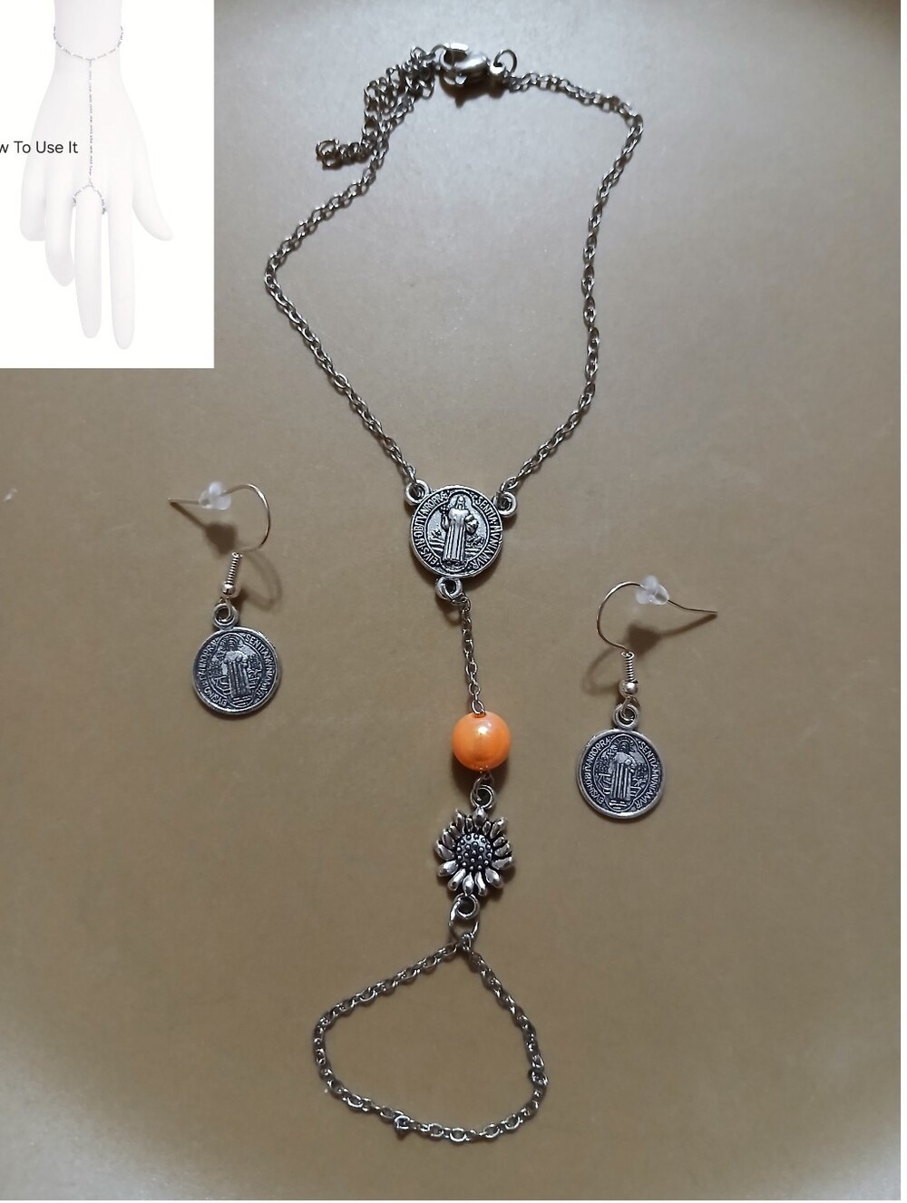 St Benedict Silver-Tone Hand Chain Bracelet And Earrings Set